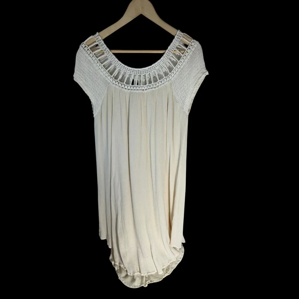 Free People Sundancer‎ Crochet Yoke Crinkle Mini Dress Cream Boho Tunic Large